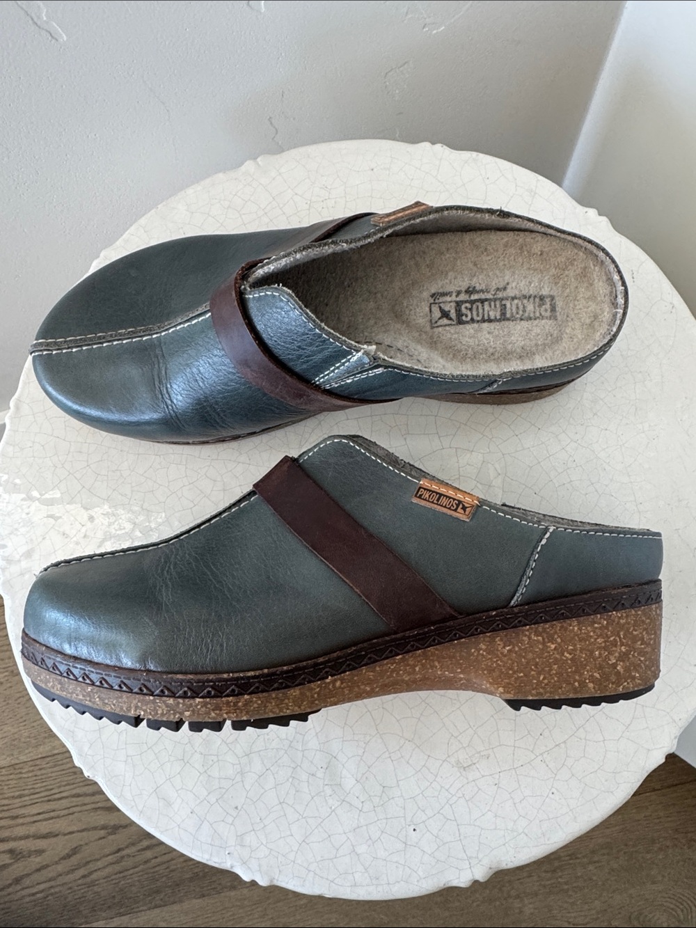 PIKOLINOS Granada Women’s Teal Leather Slip-On Clogs Wedge Brown Accent Size 37
